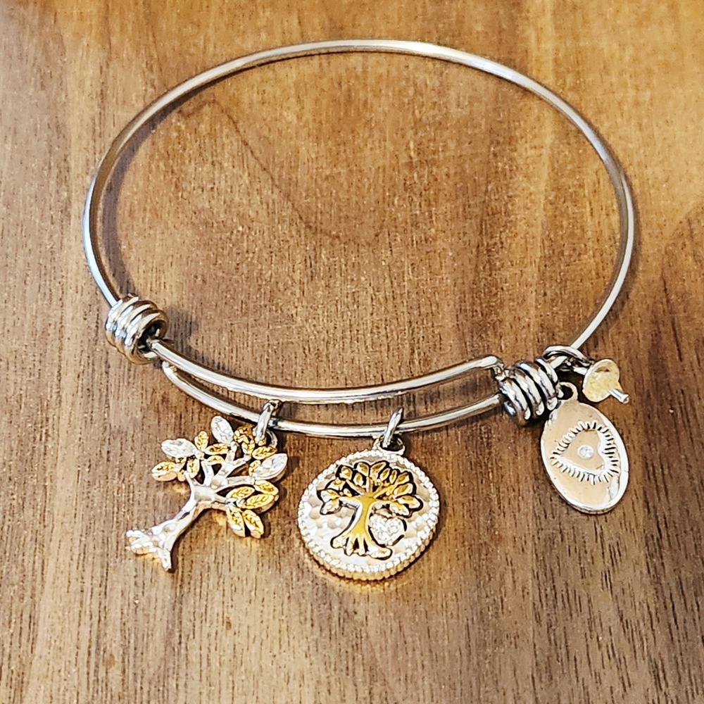 Footnotes Tree of Life Expandable Bangle Bracelet Silver Gold Tone Charms